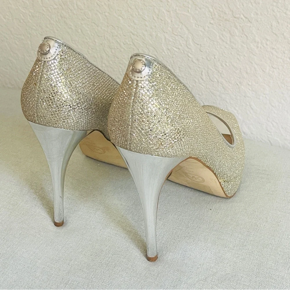 Michael Kors MK Women’s Silver Glitter Peep Toe Heels Shoes Size 7.5M - Picture 5 of 12